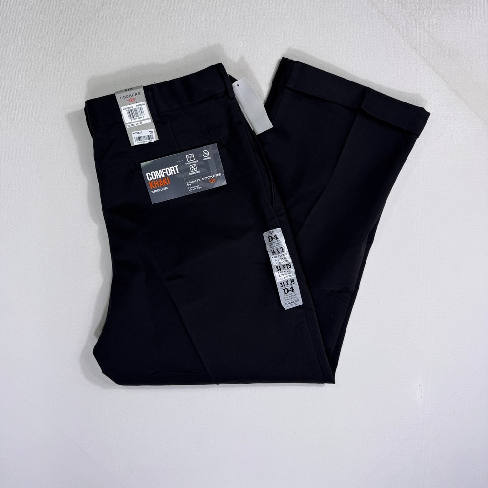 Dockers Men D4 Relaxed Fit Comfort Khaki Pants Pleated Black 34x29 (34x27.5) NWT